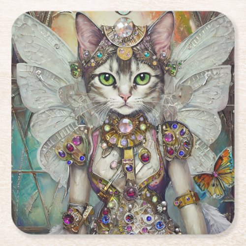 Snow Queen Cat of the Butterfly Wing Brigade Square Paper Coaster