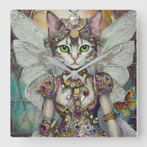 Snow Queen Cat of the Butterfly Wing Brigade Square Wall Clock