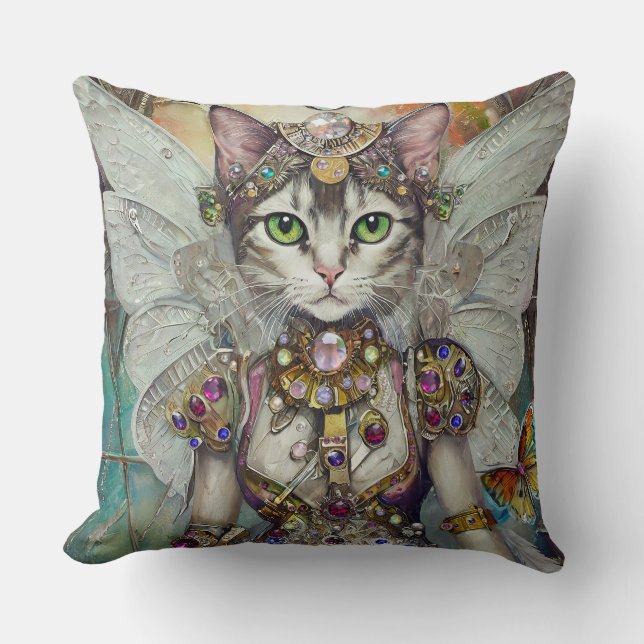 Snow Queen Cat of the Butterfly Wing Brigade Throw Pillow (Front)