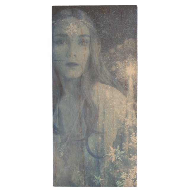 Snow Queen Christmas Fantasy Artwork Wood Flash Drive (Front Vertical)