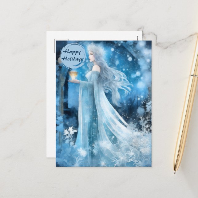 Snow Queen Fantasy Art – Mystical Winter Goddess Holiday Postcard (Front/Back In Situ)