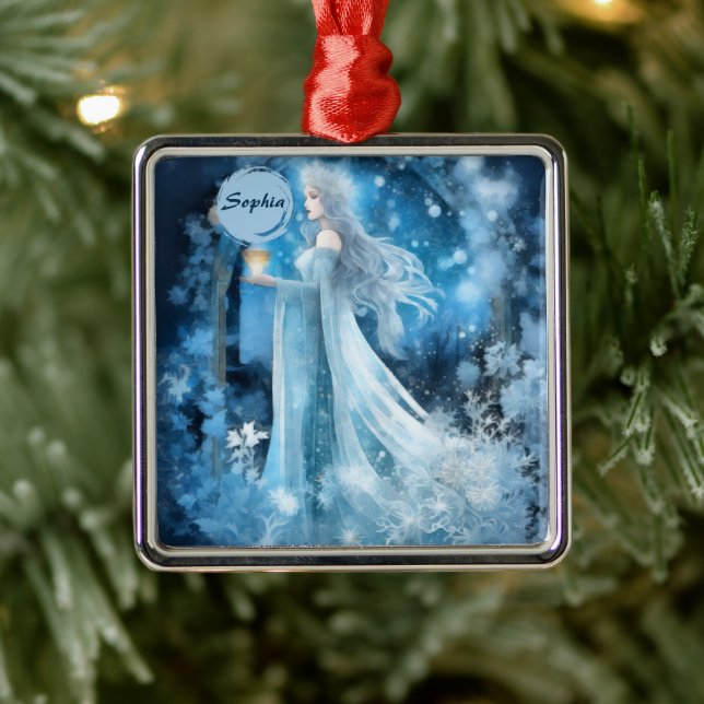 Snow Queen Fantasy Art – Mystical Winter Goddess Metal Ornament (Tree)