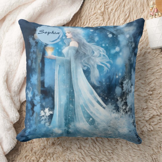 Snow Queen Fantasy Art – Mystical Winter Goddess Throw Pillow (Blanket)