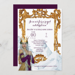Snow queen gold frame princess theme party invitation