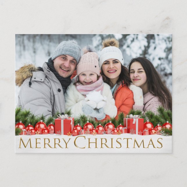 Snow Red Packages Merry Christmas Wintery Photo Holiday Postcard (Front)