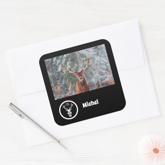 Snow Reindeer Monogram Photo Name Square Sticker (Envelope)