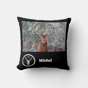 Snow Reindeer Monogram Photo Name Throw Pillow