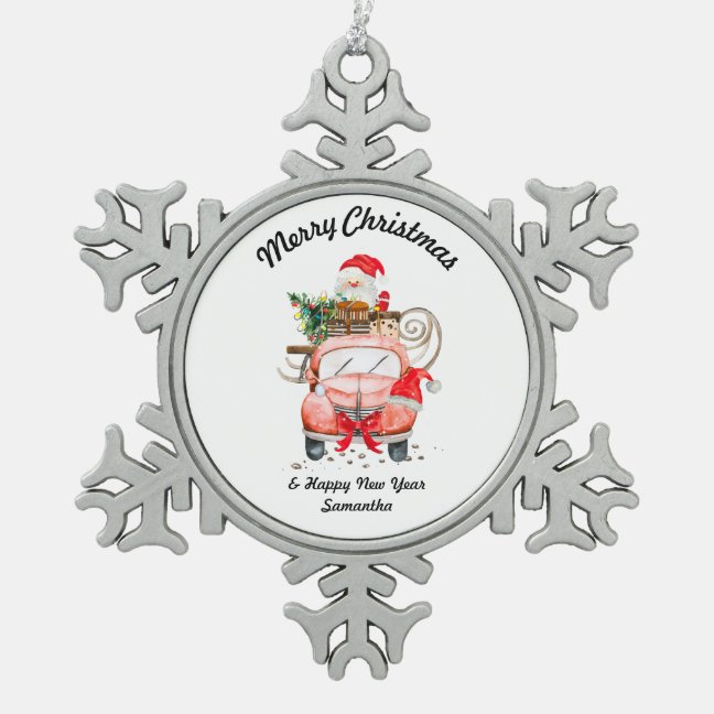 Snow Santa truck merry Christmas Snowflake Pewter Christmas Ornament