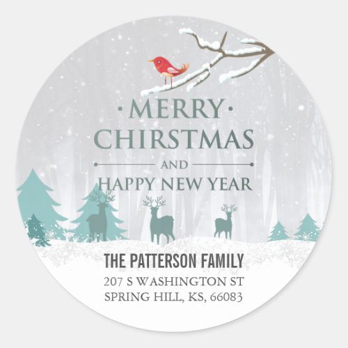 Snow Scene Christmas and New Year Greeting Address Classic Round Sticker