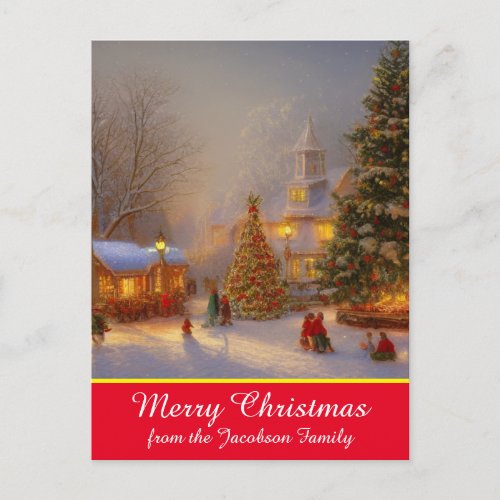 Snow Scene Christmas Trees In Quaint Village Holiday Postcard