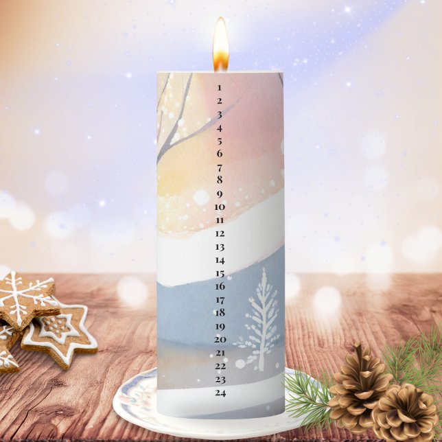 Snow Scene Elegant Traditional Advent Calendar Pillar Candle (A pretty snow scene candle for Advent, for burning the date number each day until Christmas)