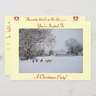 snow scene of dogs in snow landscape at christmas invitation