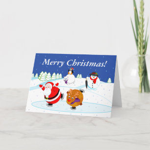 Snow scene of Santa Claus and Rudolph ice skating, Holiday Card