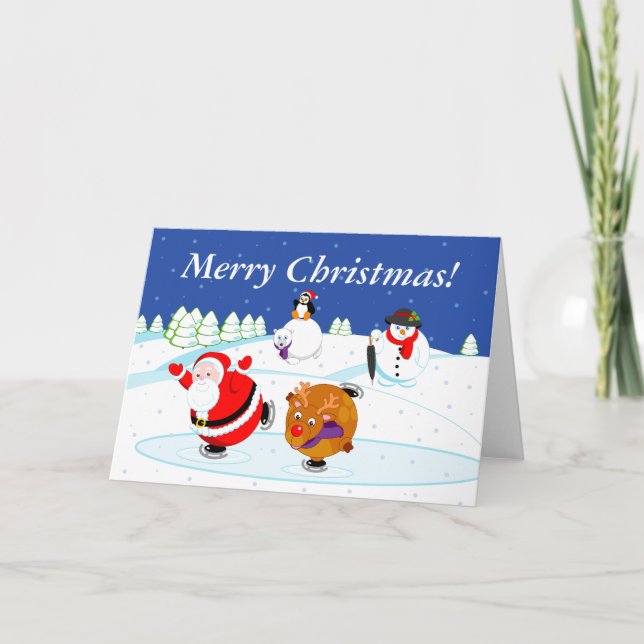 Snow scene of Santa Claus and Rudolph ice skating, Holiday Card (Front)