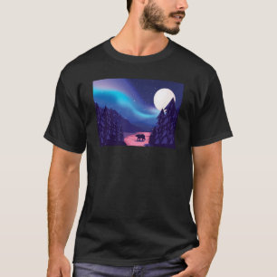 Snow Scene Polar Bear Silhouette w Moon and Aurora T-Shirt