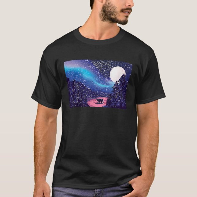 Snow Scene Polar Bear Silhouette w Moon and Northe T-Shirt (Front)