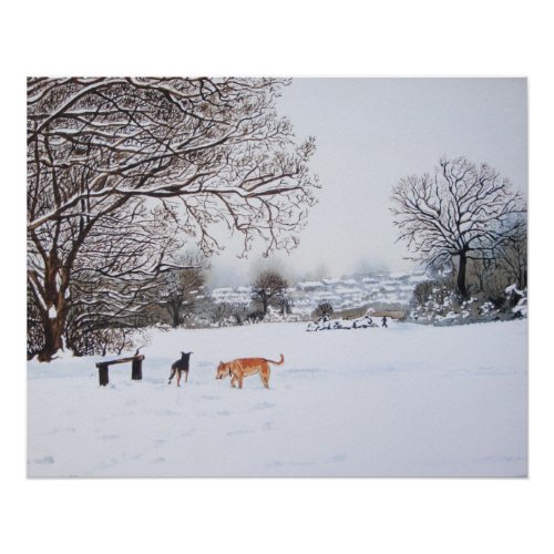 snow scene winter landscape with trees and dogs poster
