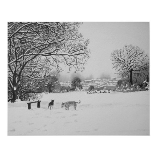 snow scene winter landscape with trees and dogs poster