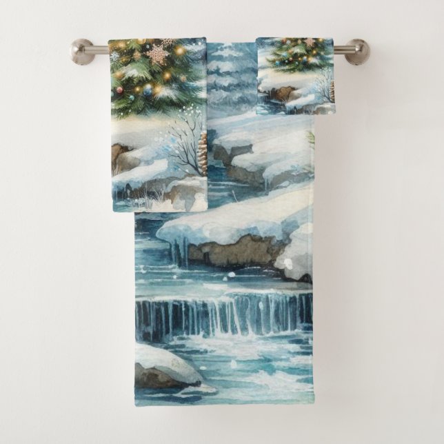 Snow Scene  with Christmas Tree Winter  Bath Towel Set (Insitu)