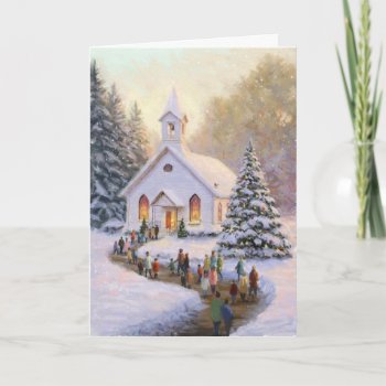 Snow Scene With Church And Parishioners Card by SharCanMakeit at Zazzle