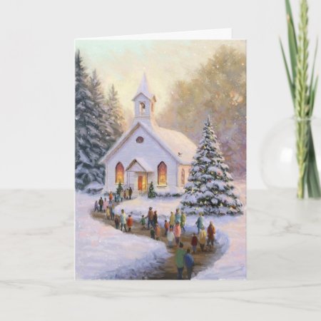 Snow Scene With Church And Parishioners Card