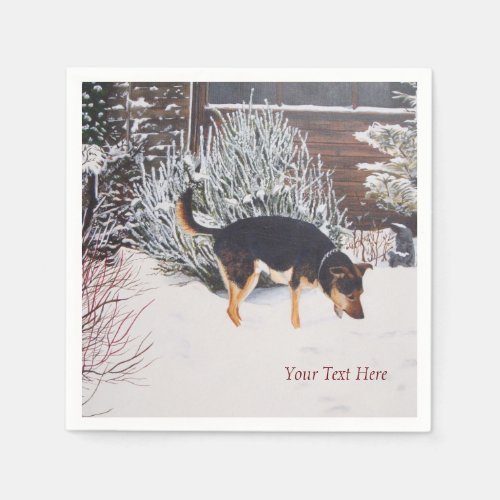 snow scene with cute black and tan dog christmas paper napkins