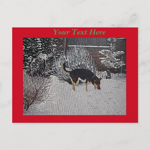 snow scene with cute black tan dog at christmas postcard