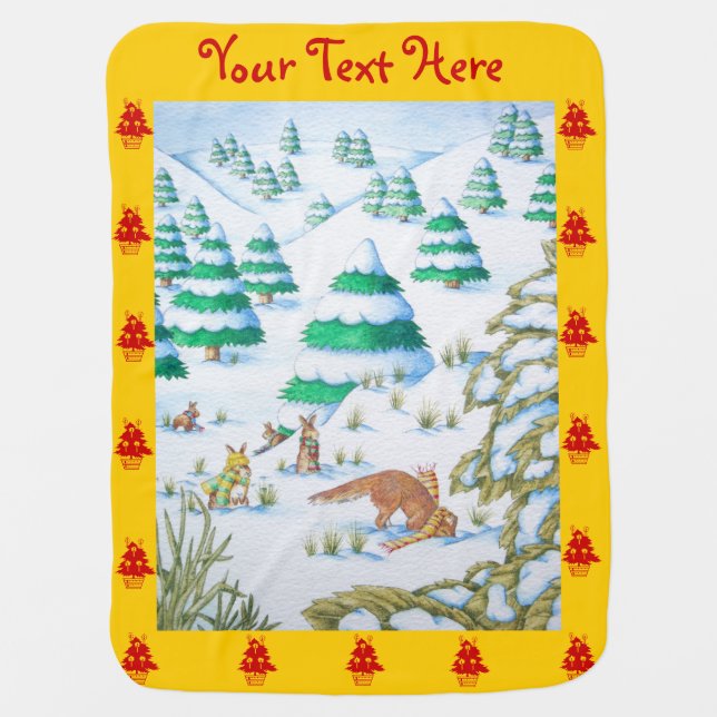 snow scene with cute fox and rabbits baby blanket (Front)
