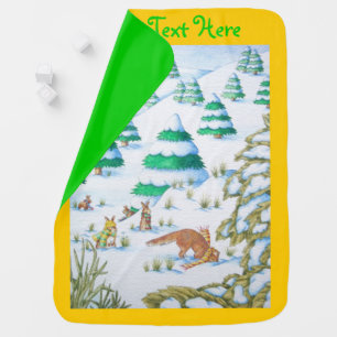 snow scene with cute fox and rabbits receiving blanket