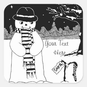 Snow Scene With Cute Snowman For Christmas Square Sticker by artoriginals at Zazzle