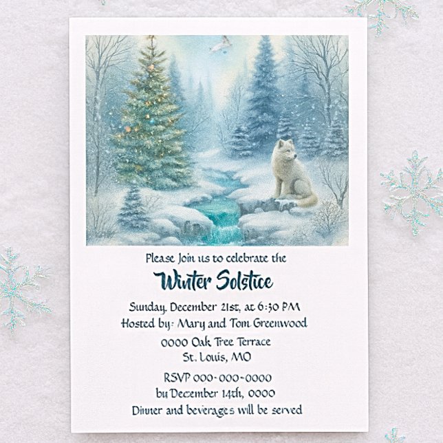 Snow Scene with Fox Winter Solstice Dinner  Invitation (Winter Solstice invitation with forest wolf, lantern glow, celestial accents and seasonal gatherings)