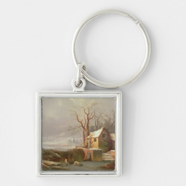 Snow Scene with Mill and Cottages Keychain (Front)