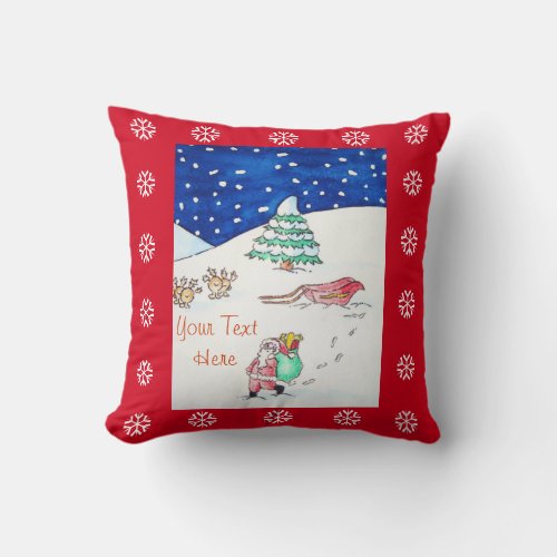 snow scene with santa and sleigh for christmas throw pillow