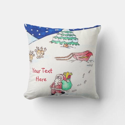snow scene with santa and sleigh for christmas throw pillow