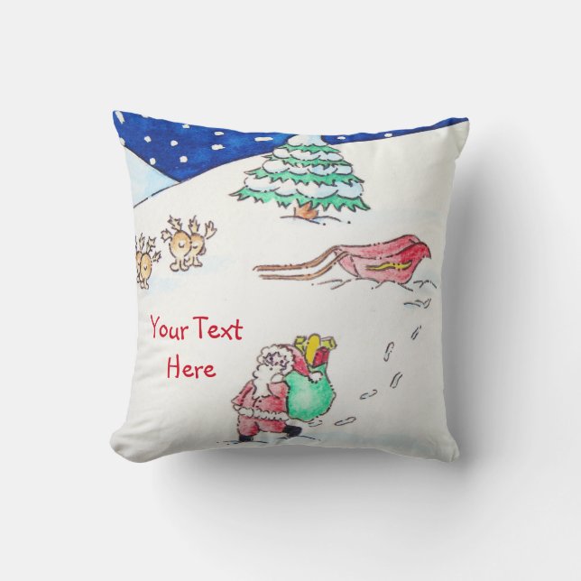 snow scene with santa and sleigh for christmas throw pillow (Front)