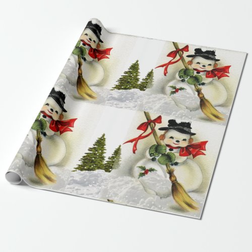Snow Scene with Vintage Snowman  Wrapping Paper
