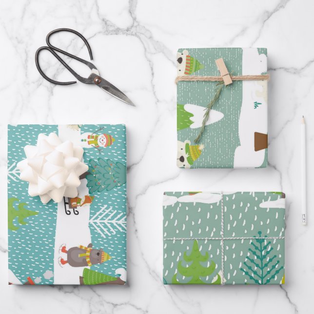 Snow Scenes Christmas Trees Holiday Pattern Wrapping Paper Sheets (Front)