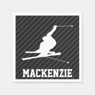 Snow Ski; Black & Dark Gray Stripes Napkins