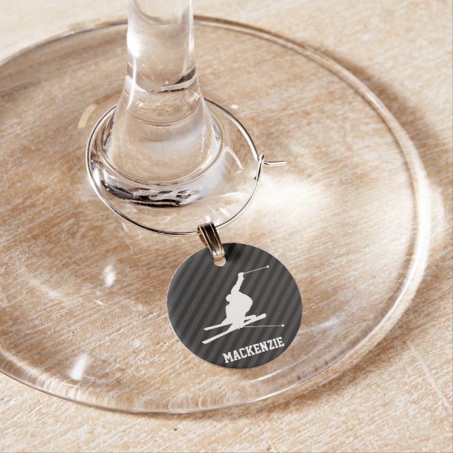 Snow Ski; Black & Dark Gray Stripes Wine Glass Charm (In Situ)