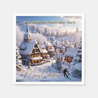 Snow ski chalets editable holiday greeting napkins