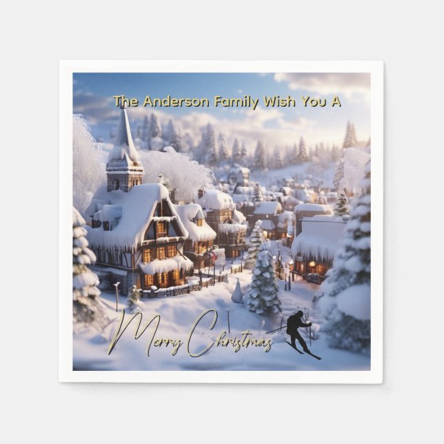Snow ski chalets editable holiday greeting napkins (Front)