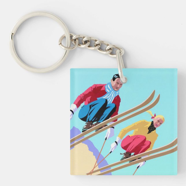 Snow Ski Jumping Vintage Art Keychain (Front)