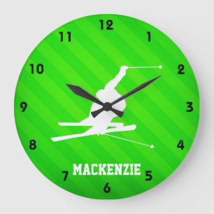 Snow Ski; Neon Green Stripes Large Clock
