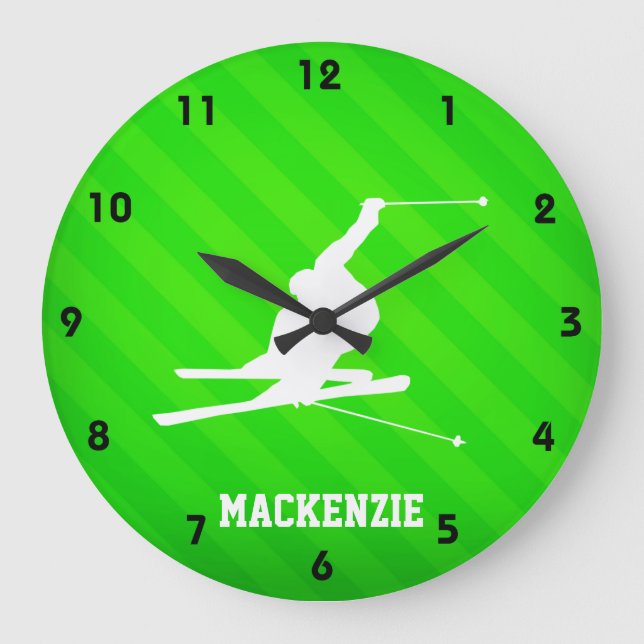 Snow Ski; Neon Green Stripes Large Clock (Front)