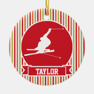 Snow Ski, Skiing, Red, Orange, Green Stripes Ceramic Ornament