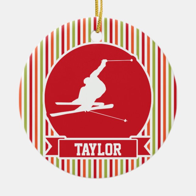 Snow Ski, Skiing, Red, Orange, Green Stripes Ceramic Ornament (Front)