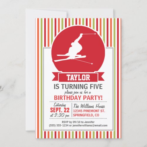 Snow Ski Skiing Red Orange Green Stripes Invitation