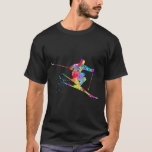 Snow Skier Cool Rainbow Art Splatter Winter Skiing T-Shirt