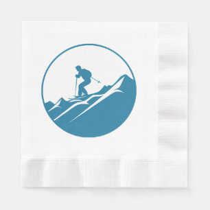 Snow Skier Skiing Down Rocky Mountains Blue and Wh Napkins