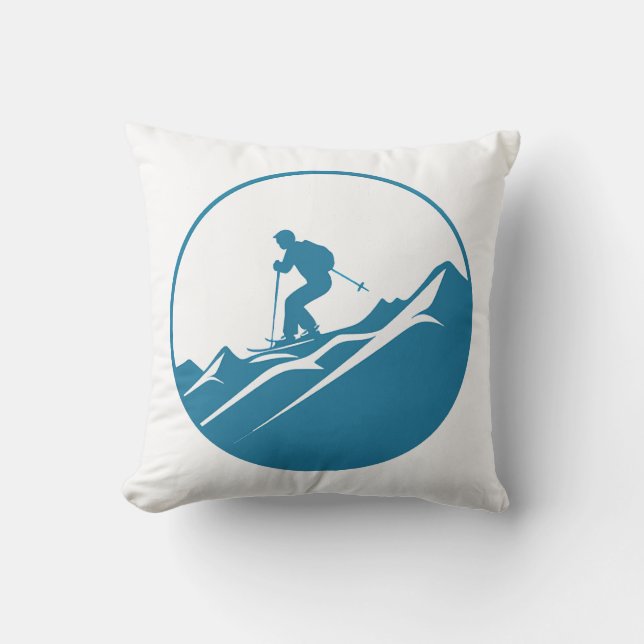 Snow Skier Skiing Down Rocky Mountains Blue and Wh Throw Pillow (Front)